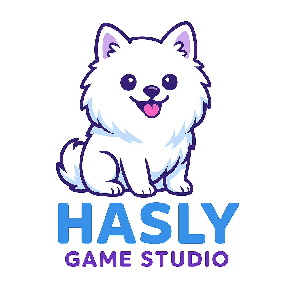 Hasly Game Studio's cheerful white dog mascot and blue and purple logo